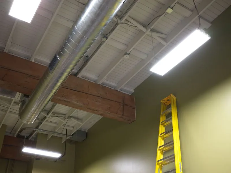 Commercial lighting and conduit along the exposed ceiling of a business space.